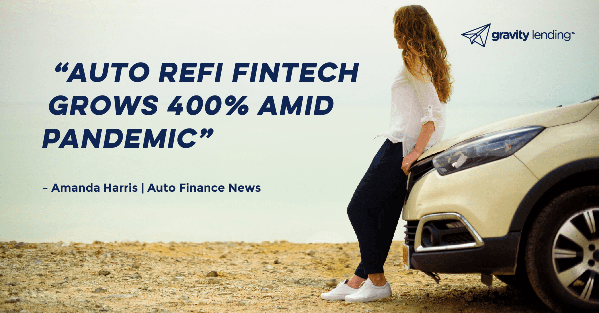 Picure of a woman standing by a car with the caption Auto Refi Fintech Grows 400 percent amid pandemic.