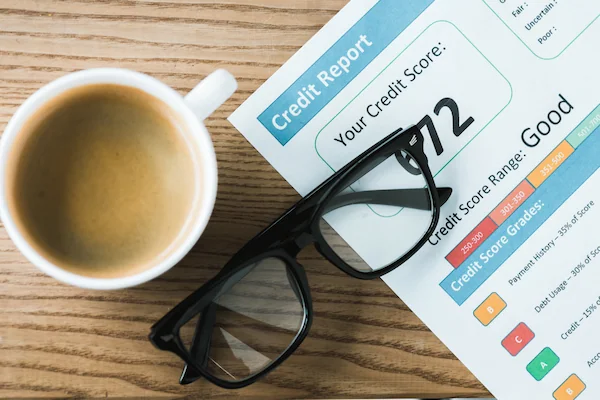 A credit score report lays on a wooden surface next to a cup of coffee and a pair of black glasses.