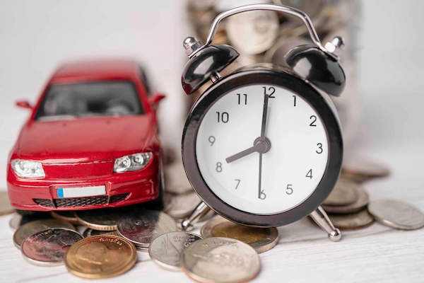 A toy red car and an alarm clock sitting on a pile of coins.